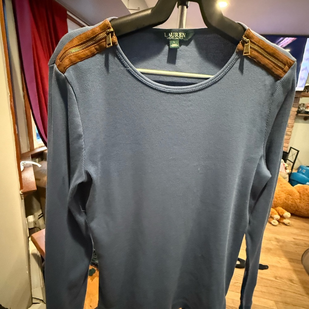 Ralph Lauren Blue Long Sleeve Top with Brown Details